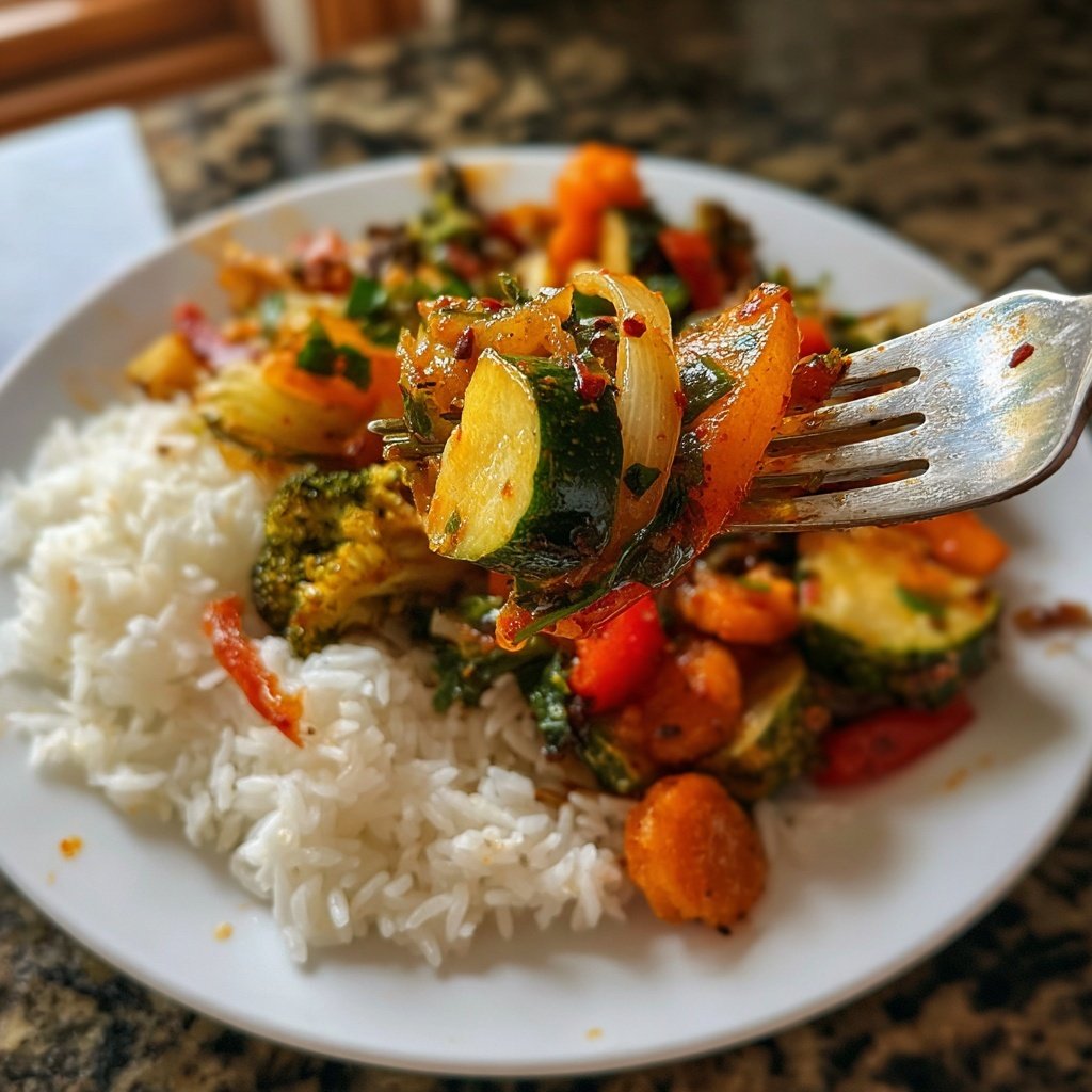 Mittagessen mit Gemüsepfanne und Reis
