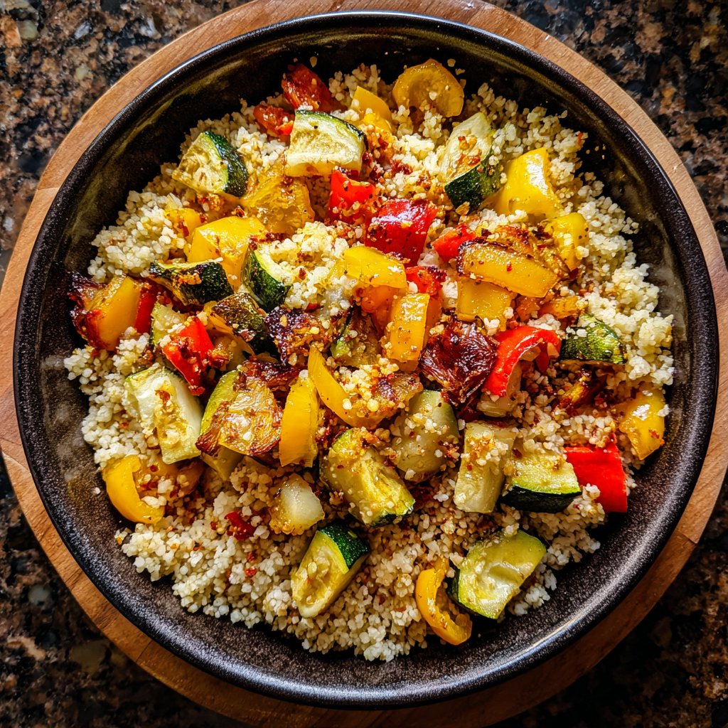 Mittagessen mit Bulgur und Ofengemüse