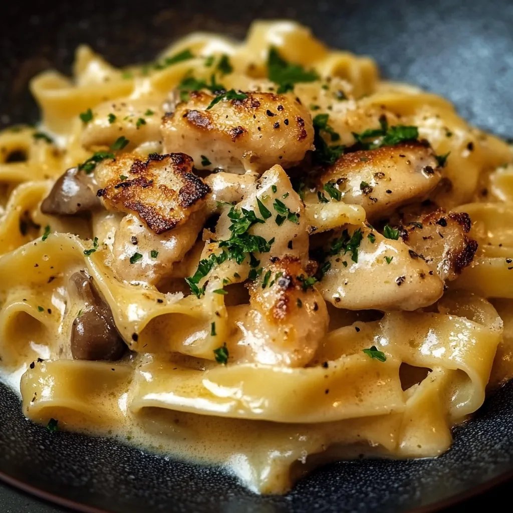 Zarte Hähnchenstreifen mit cremigen Nudeln in sahniger Sauce